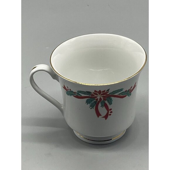 Poinsettia Ribbons Christmas tea cup white gold trim red flower ribbon READ - Picture 4 of 5